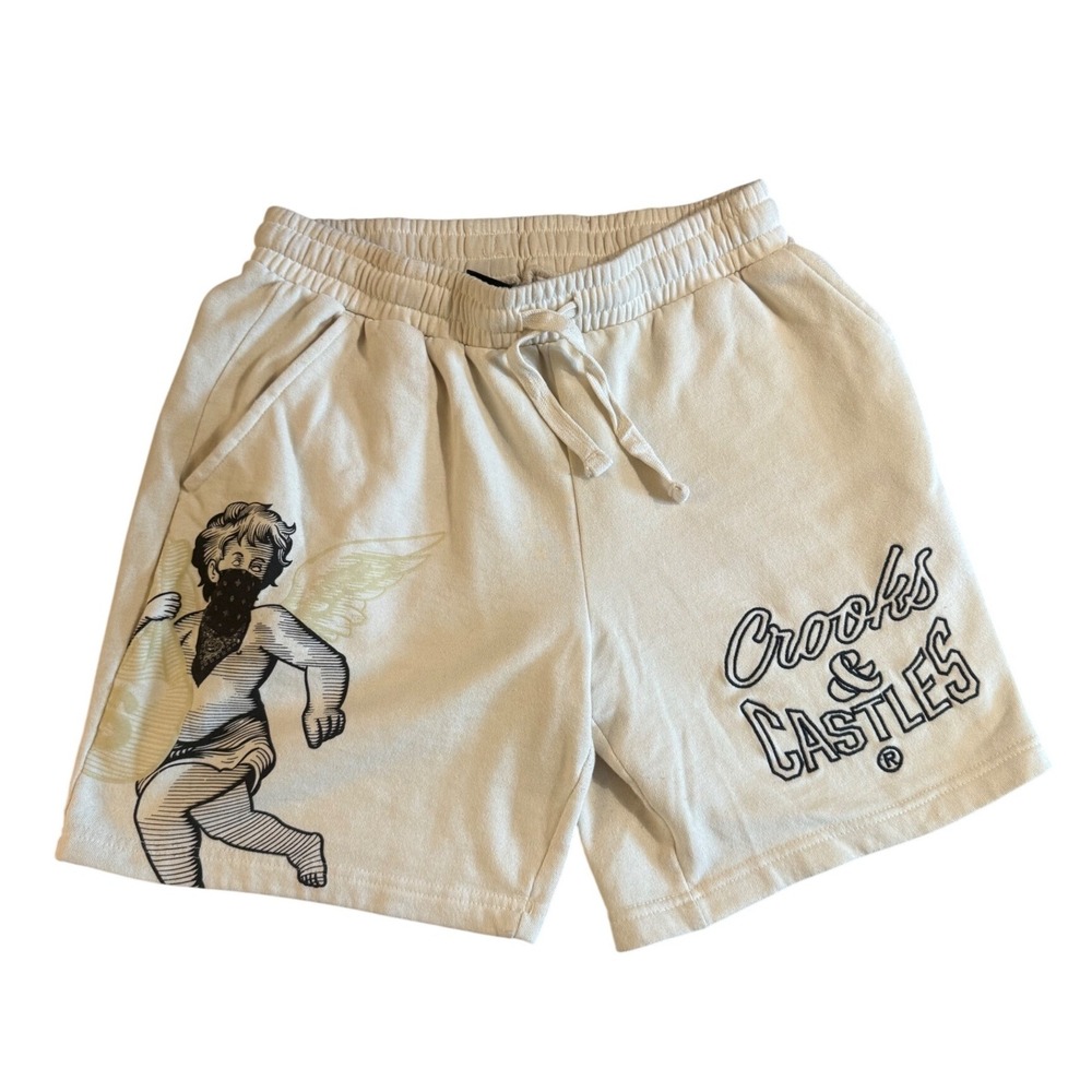 Crooks and Castles Mens Cream Bandana Angel Graphic Fleece Sweat Shorts‎ Size S